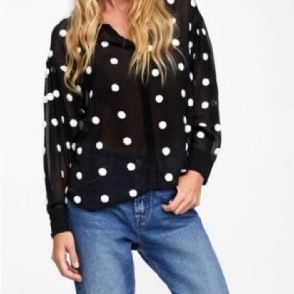 Zara Basics black and white Pom Pom long sleeve blouse